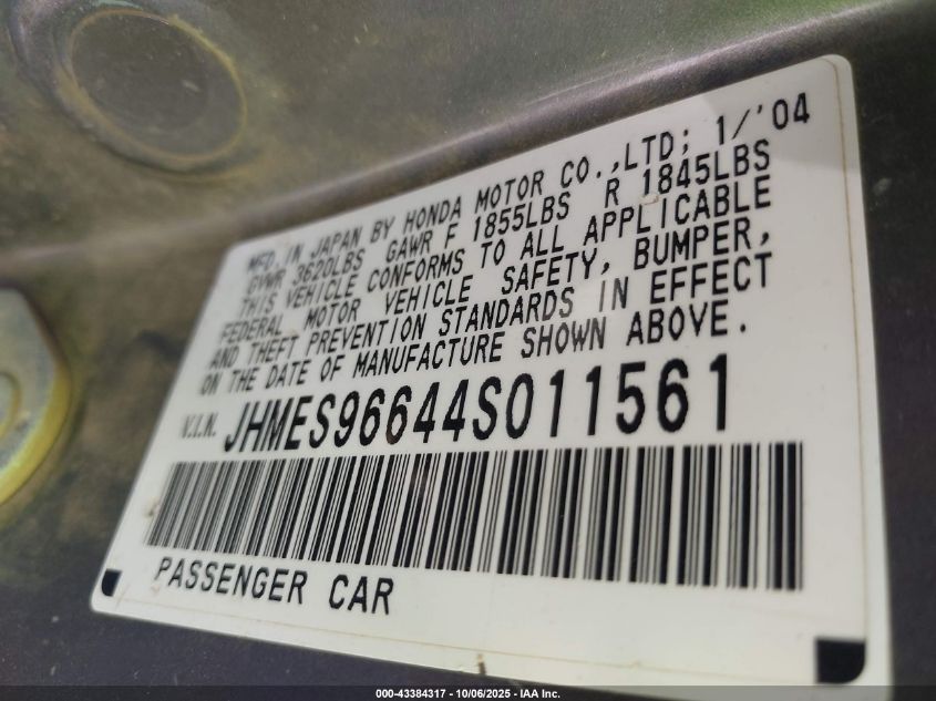 2004 Honda Civic Hybrid VIN: JHMES96644F011561 Lot: 43384317