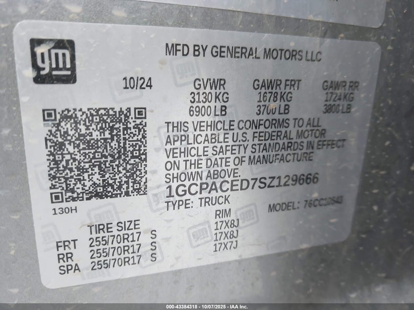 2025 Chevrolet Silverado 1500 2Wd Short Bed Lt VIN: 1GCPACED7SZ129666 Lot: 43384318