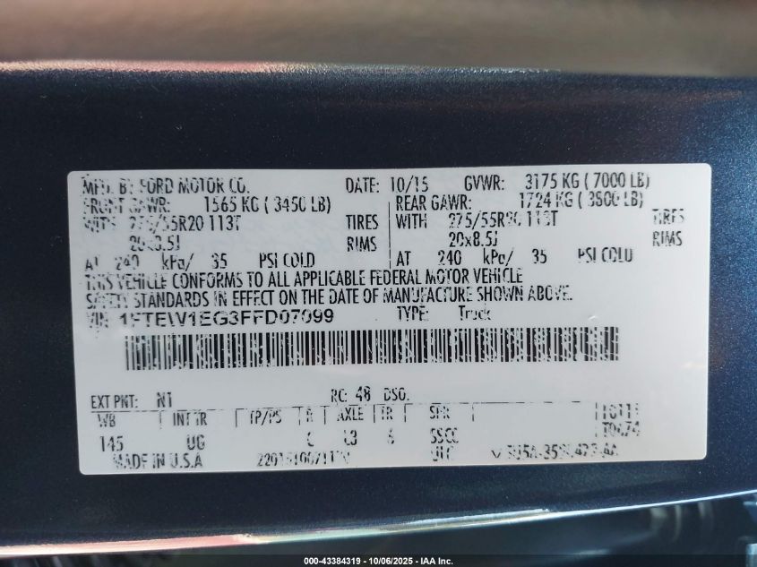 2015 Ford F-150 Xlt VIN: 1FTEW1EG3FFD07099 Lot: 43384319