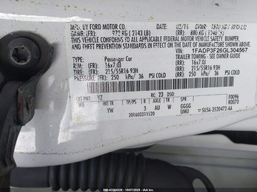 2016 Ford Focus Se VIN: 1FADP3F26GL304567 Lot: 43384328