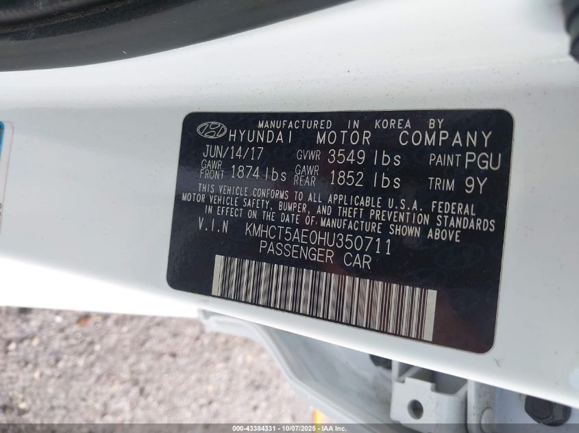 2017 Hyundai Accent Se VIN: KMHCT5AE0HU350711 Lot: 43384331