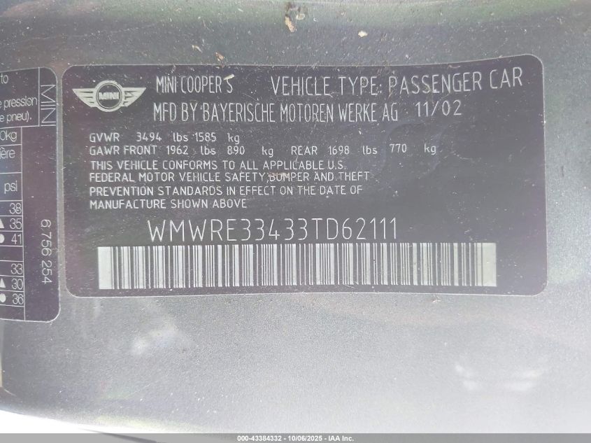 2003 Mini Cooper S VIN: WMWRE33433TD62111 Lot: 43384332