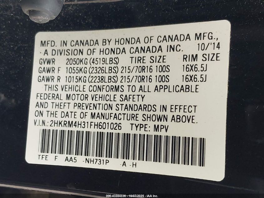 2015 Honda Cr-V Lx VIN: 2HKRM4H31FH601026 Lot: 43384336