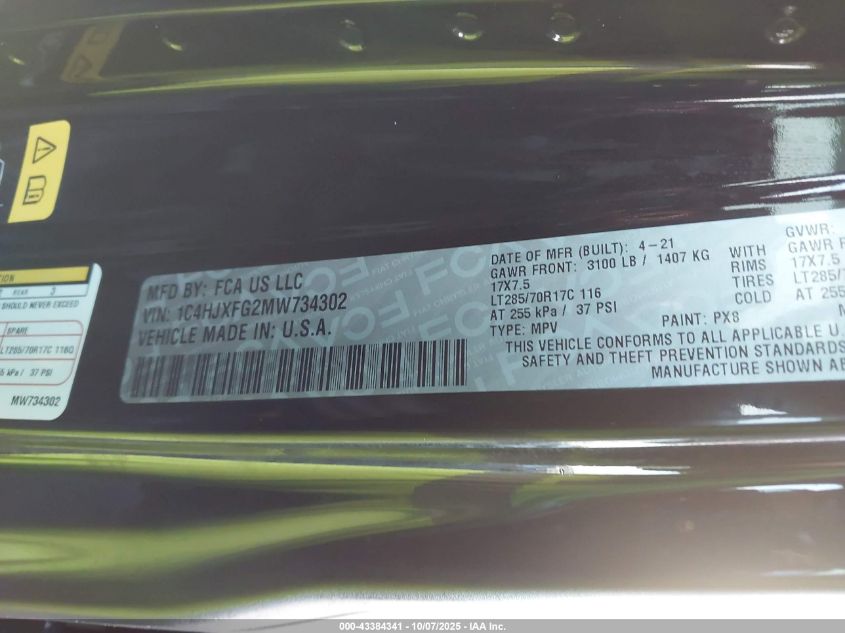 2021 Jeep Wrangler Unlimited Rubicon 4X4 VIN: 1C4HJXFG2MW734302 Lot: 43384341