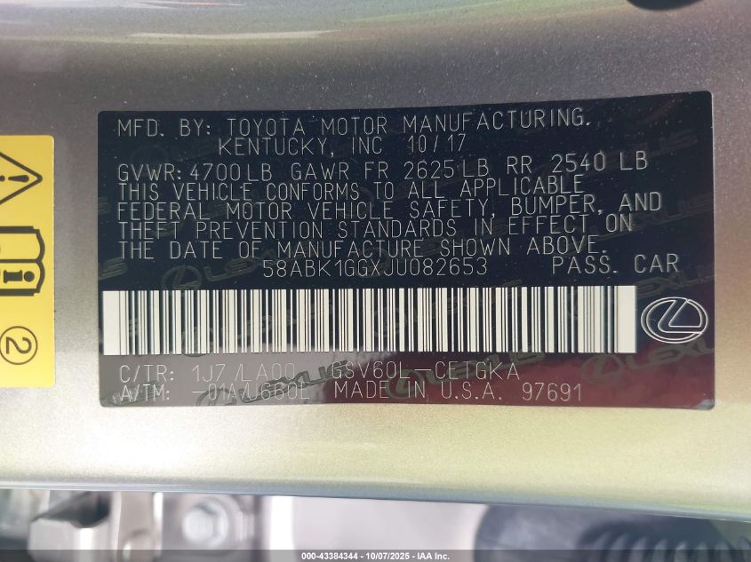 2018 Lexus Es 350 VIN: 58ABK1GGXJU082653 Lot: 43384344