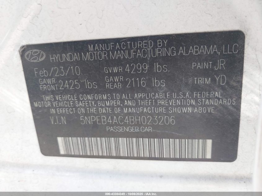 2011 Hyundai Sonata Gls VIN: 5NPEB4AC4BH023206 Lot: 43384349