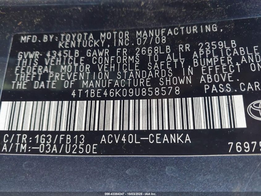 2009 Toyota Camry Le VIN: 4T1BE46K09U858578 Lot: 43384347