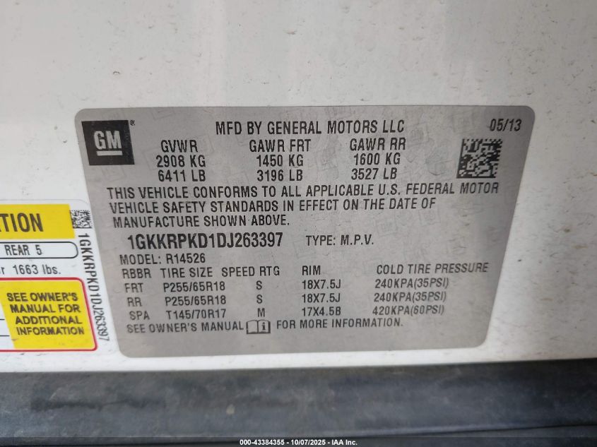 2013 GMC Acadia Sle-2 VIN: 1GKKRPKD1DJ263397 Lot: 43384355