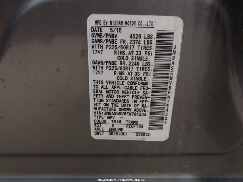 2015 Nissan Rogue Select S VIN: JN8AS5MV6FW764334 Lot: 43384362