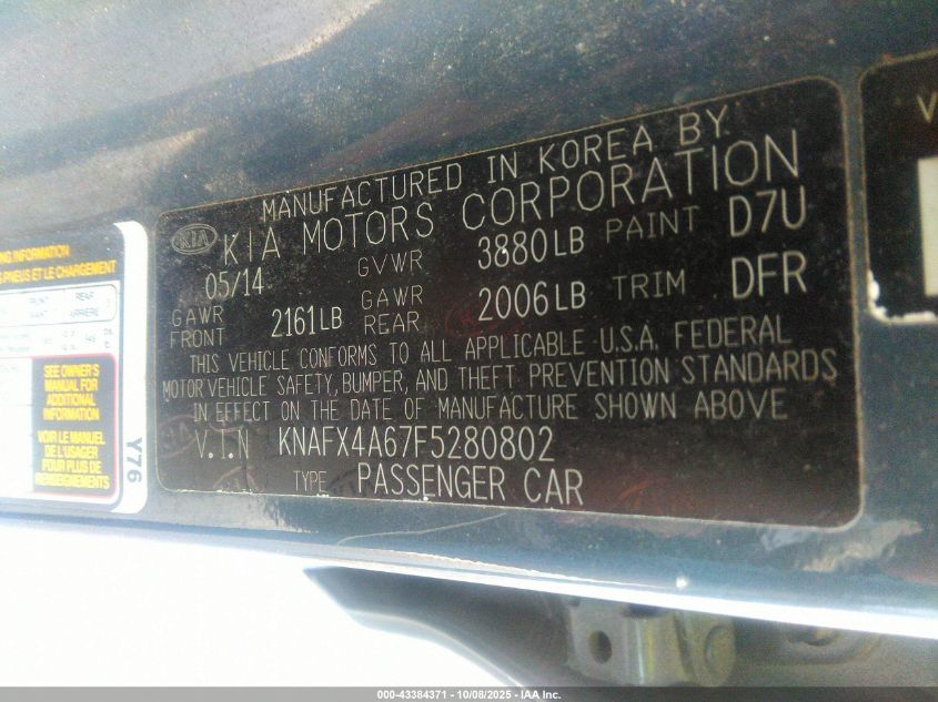 2015 Kia Forte Lx VIN: KNAFX4A67F5280802 Lot: 43384371