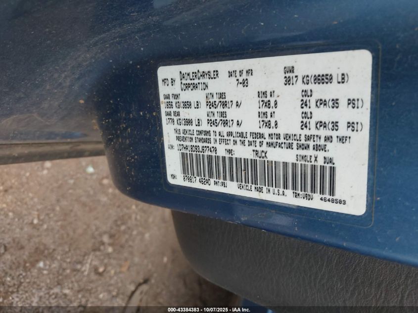 2003 Dodge Ram 1500 Slt/Laramie/St VIN: 1D7HA18D93J677470 Lot: 43384383