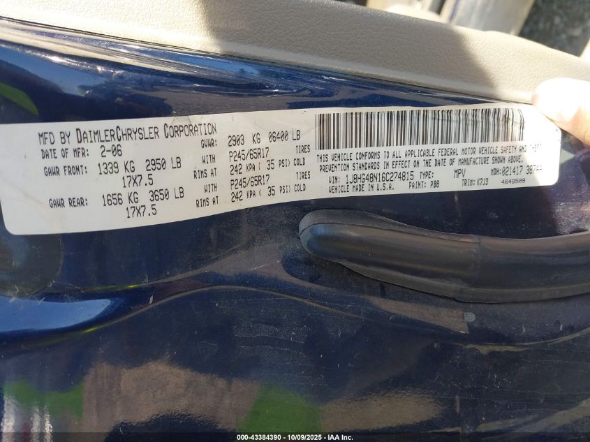 2006 Jeep Commander VIN: 1J8HG48N16C274815 Lot: 43384390