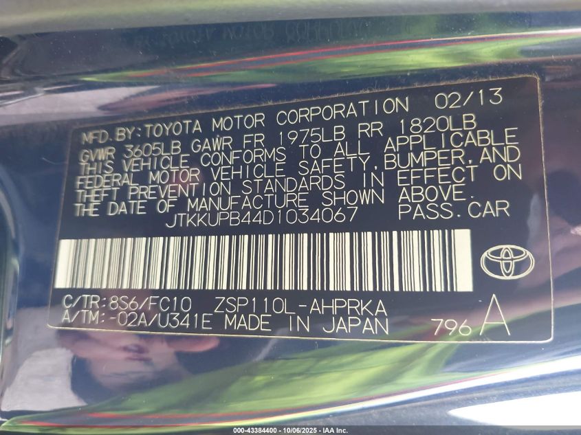 2013 Scion Xd VIN: JTKKUPB44D1034067 Lot: 43384400