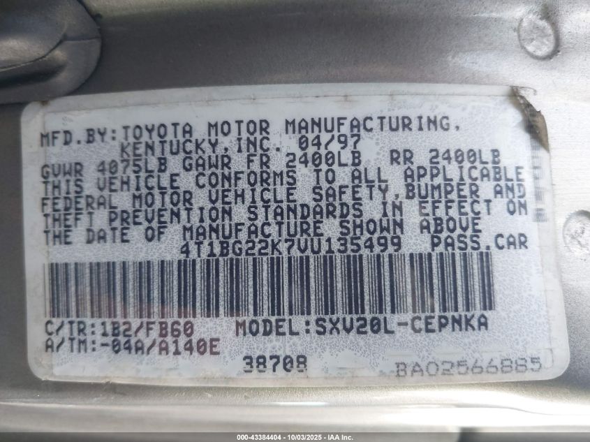 1997 Toyota Camry Le VIN: 4T1BG22K7VU135499 Lot: 43384404