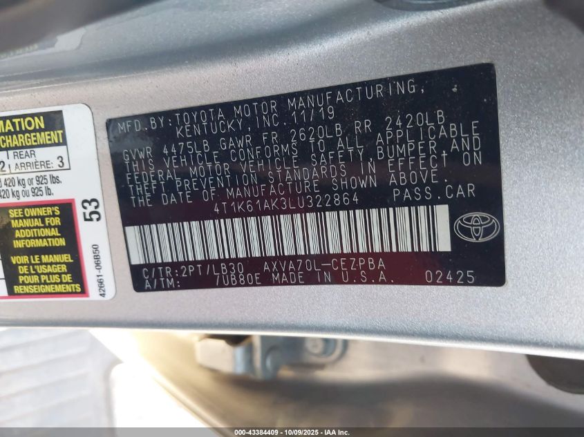 2020 Toyota Camry Xse VIN: 4T1K61AK3LU322864 Lot: 43384409
