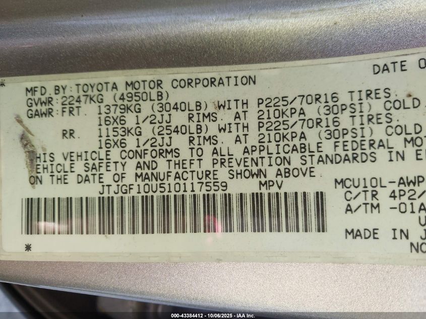 2001 Lexus Rx 300 VIN: JTJGF10U510117559 Lot: 43384412