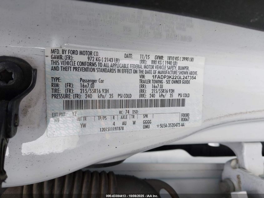 2016 Ford Focus Se VIN: 1FADP3K22GL247354 Lot: 43384413