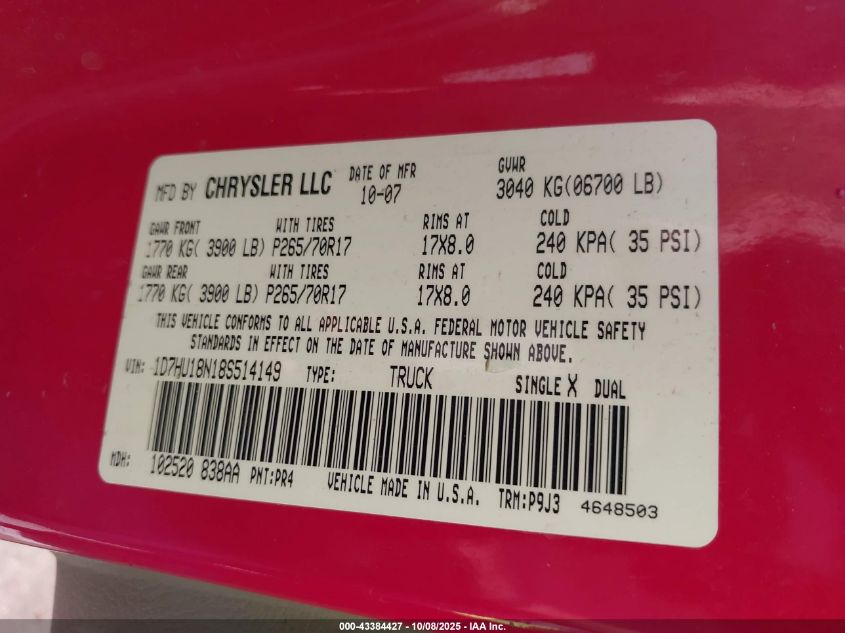 2008 Dodge Ram 1500 St/Sxt VIN: 1D7HU18N18S514149 Lot: 43384427
