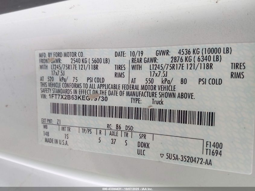 2019 Ford F-250 Xl VIN: 1FT7X2B63KEG79730 Lot: 43384431