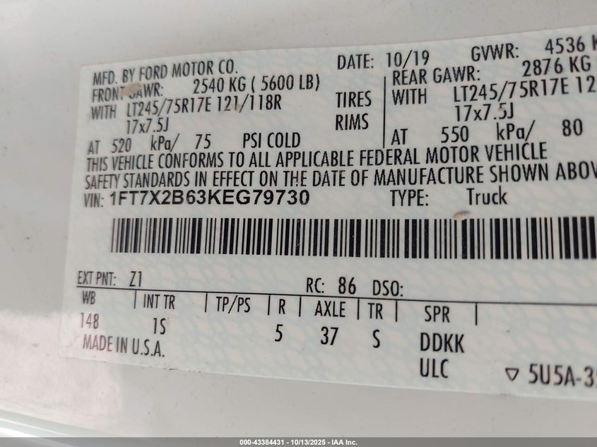 2019 Ford F-250 Xl VIN: 1FT7X2B63KEG79730 Lot: 43384431