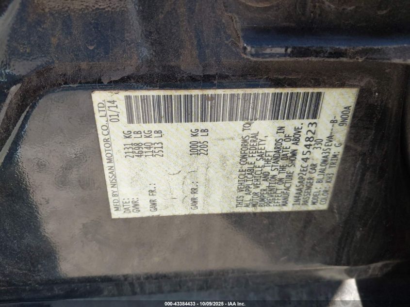 2014 Nissan Maxima 3.5 S/3.5 Sv VIN: 1N4AA5AP2EC454823 Lot: 43384433