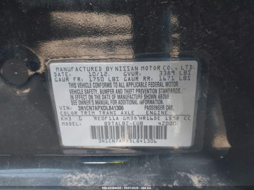 2013 Nissan Versa 1.6 Sv VIN: 3N1CN7APXDL841306 Lot: 43384435