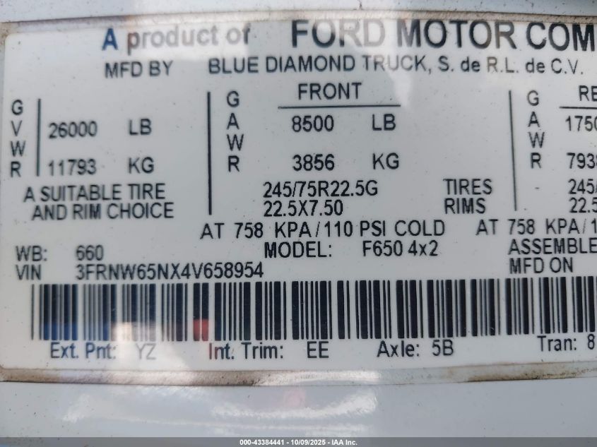 2004 Ford F-650 Xl/Xlt VIN: 3FRNW65NX4V658954 Lot: 43384441