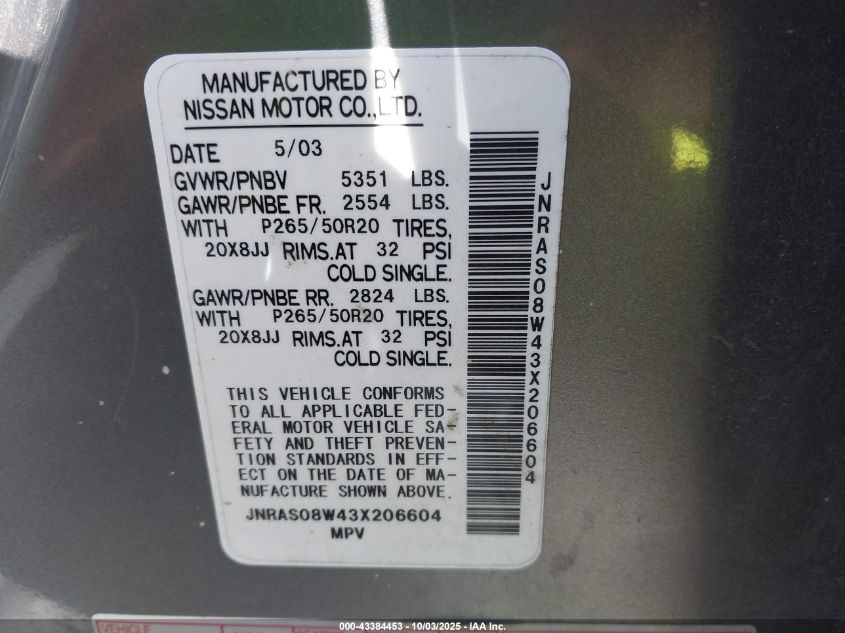 2003 Infiniti Fx35 VIN: JNRAS08W43X206604 Lot: 43384453