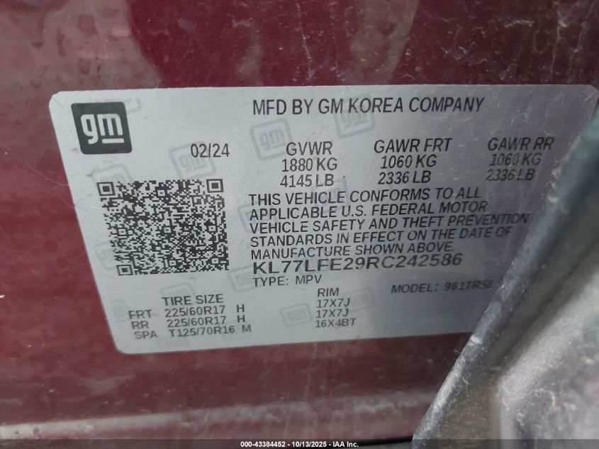 2024 Chevrolet Trax Fwd Sp VIN: KL77LFE29RC242586 Lot: 43384452