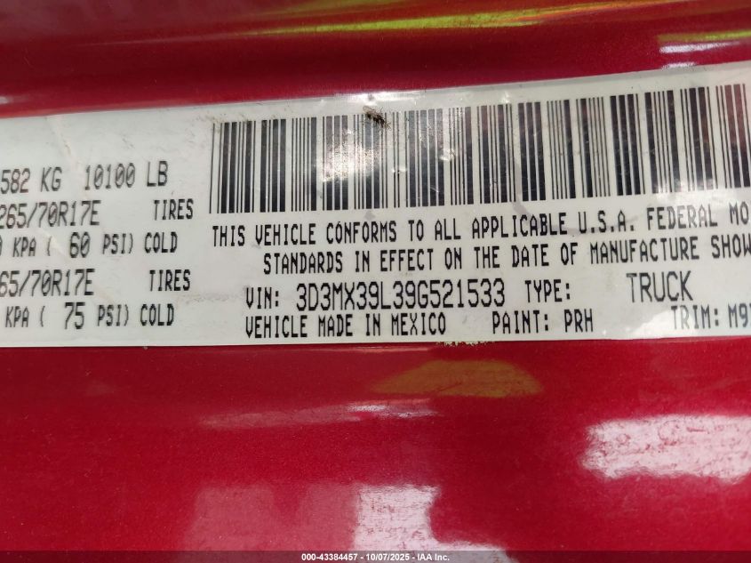 2009 Dodge Ram 3500 Sxt/Slt VIN: 3D3MX39L39G521533 Lot: 43384457
