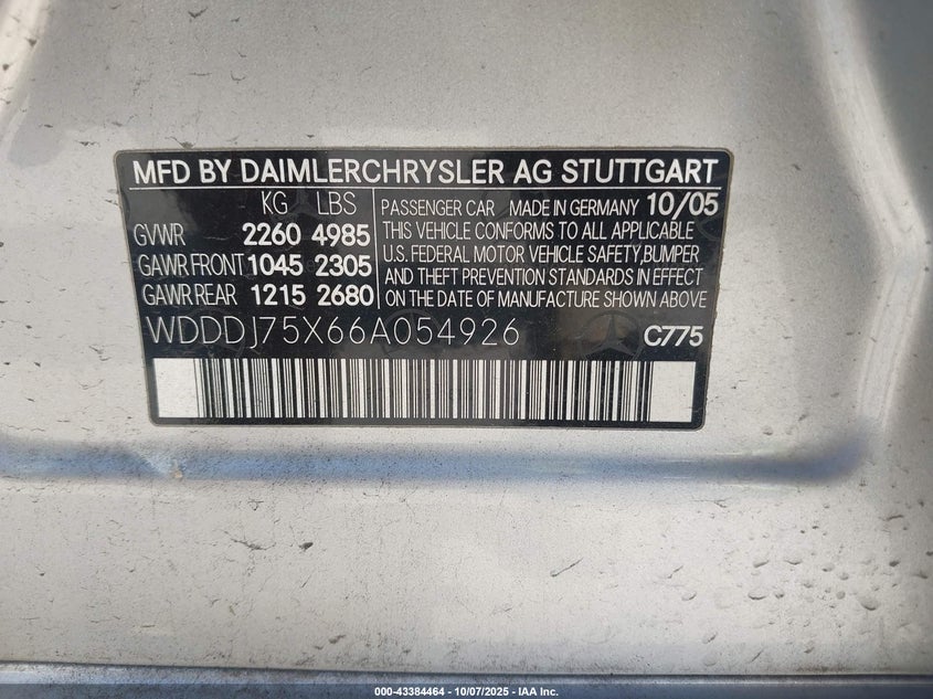 2006 Mercedes-Benz Cls 500 VIN: WDDDJ75X66A054926 Lot: 43384464