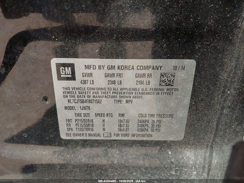 2015 Chevrolet Trax Ltz VIN: KL7CJTSB4FB071562 Lot: 43384463