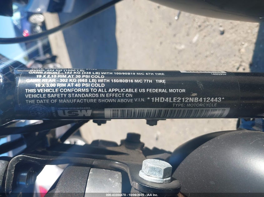 2022 Harley-Davidson Xl883 N VIN: 1HD4LE212NB412443 Lot: 43384478