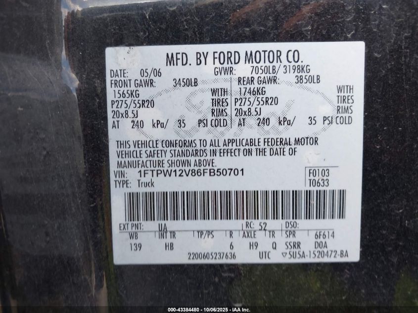 2006 Ford F-150 Lariat/Xlt VIN: 1FTPW12V86FB50701 Lot: 43384480