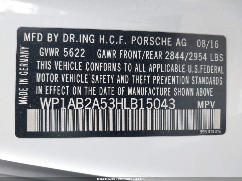 2017 Porsche Macan S VIN: WP1AB2A53HLB15043 Lot: 43384502