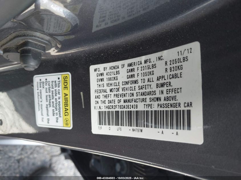 2013 Honda Accord Ex VIN: 1HGCR2F76DA062409 Lot: 43384503