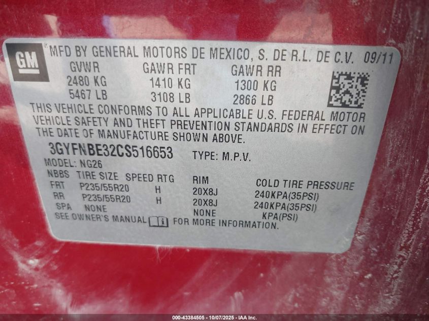 2012 Cadillac Srx Performance Collection VIN: 3GYFNBE32CS516653 Lot: 43384505