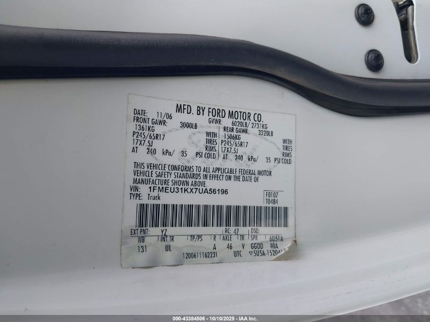 2007 Ford Explorer Sport Trac Xlt VIN: 1FMEU31KX7UA56196 Lot: 43384506