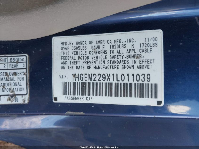 2001 Honda Civic Ex VIN: 1HGEM229X1L011039 Lot: 43384508