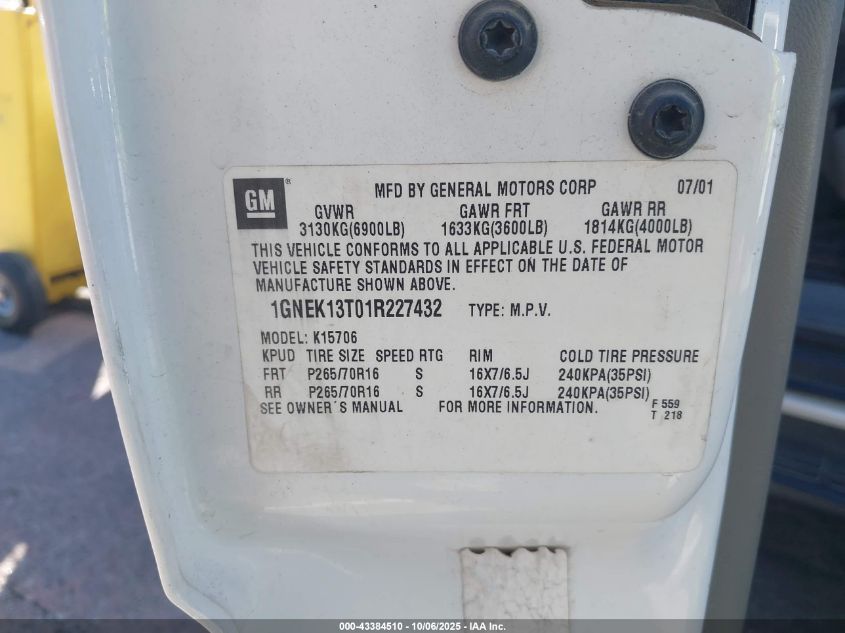 2001 Chevrolet Tahoe Lt VIN: 1GNEK13T01R227432 Lot: 43384510