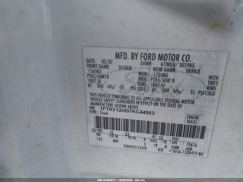 2007 Ford F-150 Stx/Xl/Xlt VIN: 1FTRX12W07KC44563 Lot: 43384511