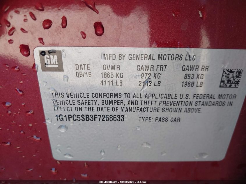 2015 Chevrolet Cruze 1Lt Auto VIN: 1G1PC5SB3F7268633 Lot: 43384523