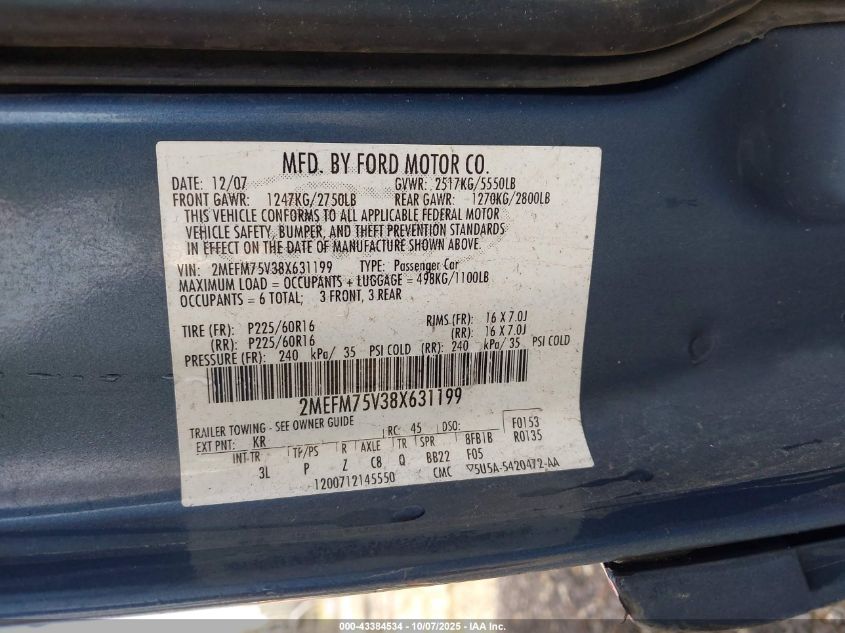 2008 Mercury Grand Marquis Ls VIN: 2MEFM75V38X631199 Lot: 43384534