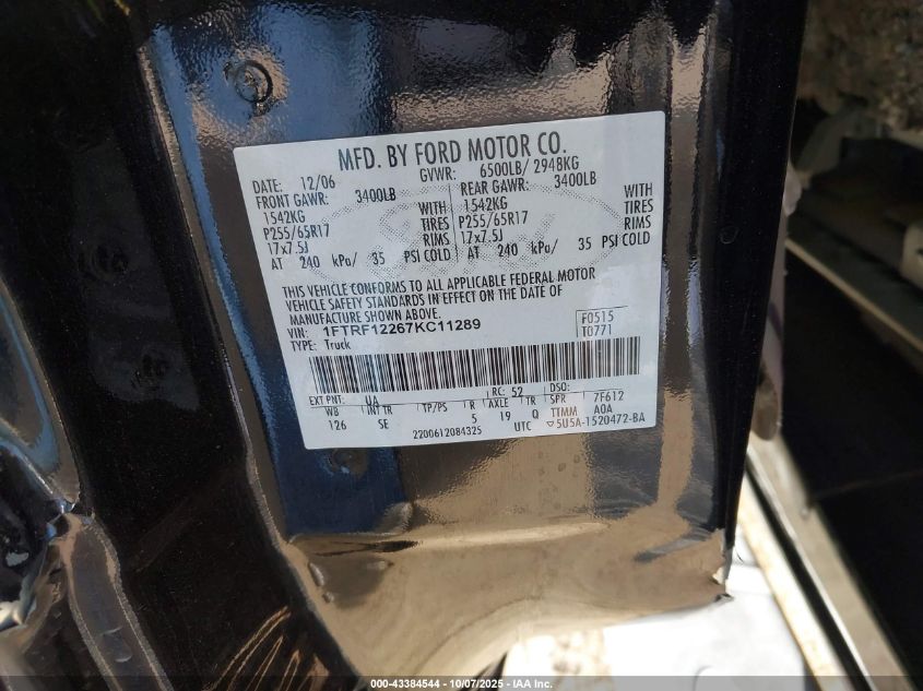 2007 Ford F-150 Stx/Xl/Xlt VIN: 1FTRF12267KC11289 Lot: 43384544