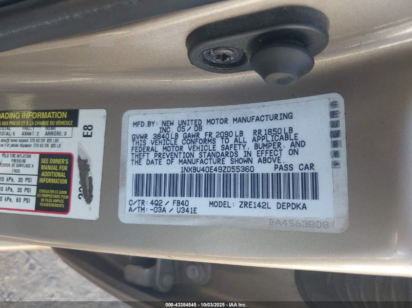 2009 Toyota Corolla Le VIN: 1NXBU40E49Z055360 Lot: 43384545