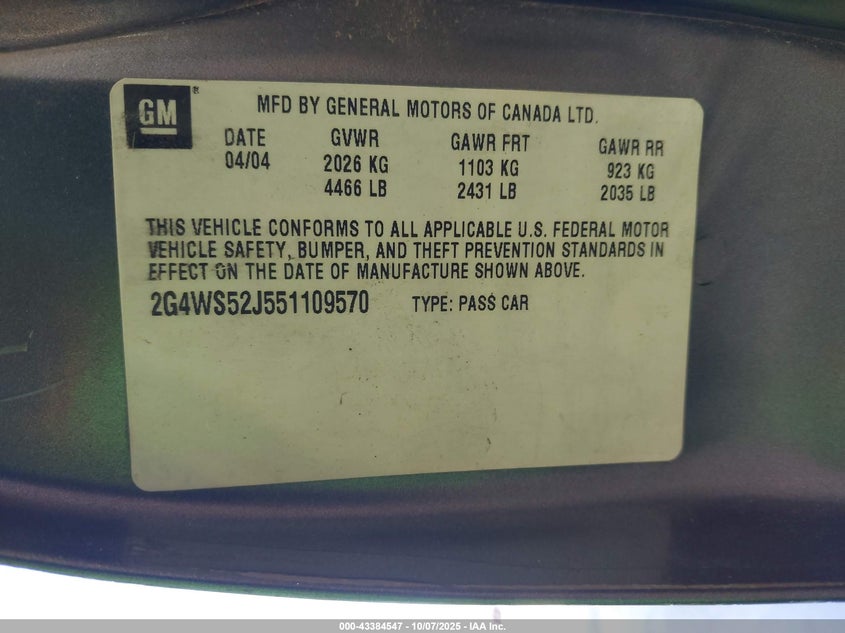 2005 Buick Century VIN: 2G4WS52J551109570 Lot: 43384547