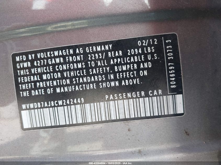 2012 Volkswagen Golf 2.5L 4-Door VIN: WVWDB7AJ8CW242449 Lot: 43384554