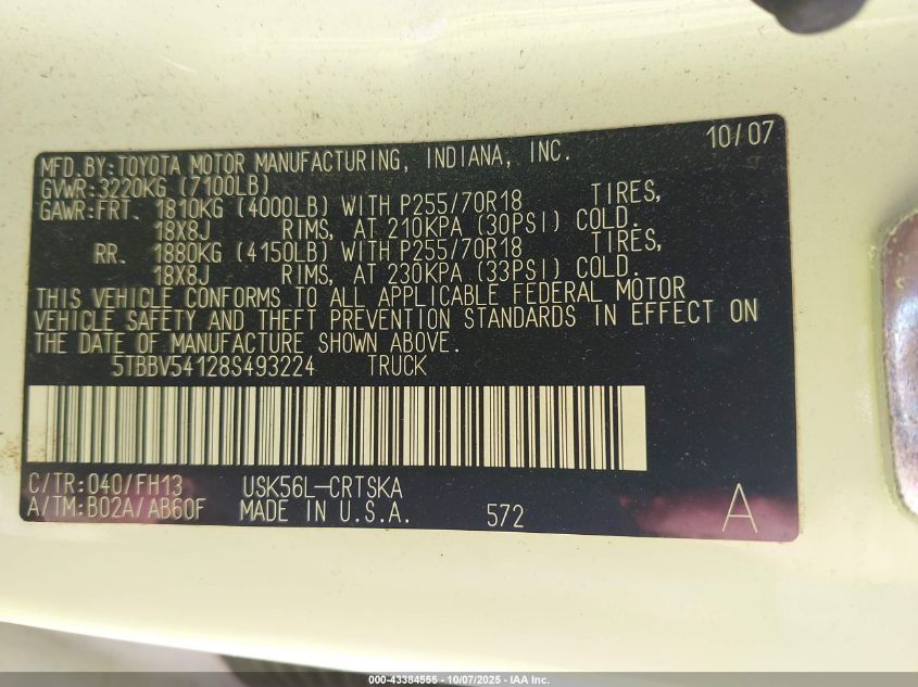 2008 Toyota Tundra Sr5 5.7L V8 VIN: 5TBBV54128S493224 Lot: 43384555