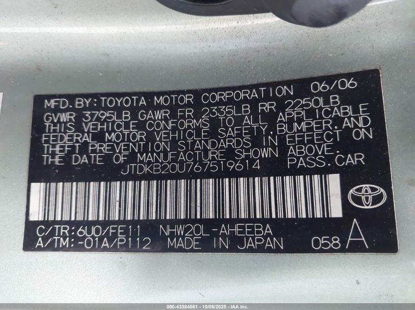 2006 Toyota Prius VIN: JTDKB20U767519614 Lot: 43384561