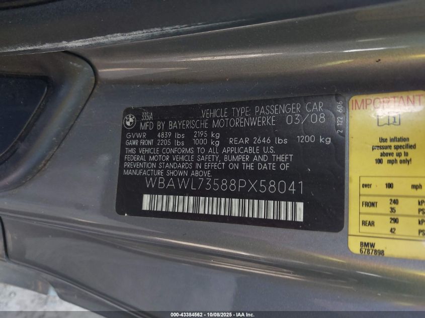 2008 BMW 335I VIN: WBAWL73588PX58041 Lot: 43384562